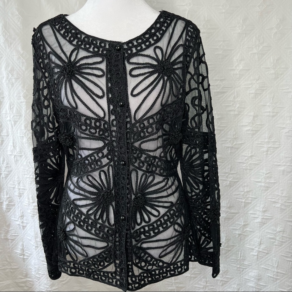 NWT. Maggie by Tablecloth Black Mesh Embroidered 3/4 Sheer Blazer